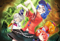 Rule 34 | 3girls, beret, blouse, blue eyes, blue hair, blush, bow, breasts, candy, cape, chinese clothes, draw-till-death, fang, food, ghost, grass, grave, graveyard, hair bow, halloween, hat, hat ribbon, high collar, jack-o&#039;-lantern, japanese clothes, jiangshi, juliet sleeves, kariginu, long hair, long sleeves, looking at viewer, midriff, miyako yoshika, mononobe no futo, multiple girls, navel, ofuda, one eye closed, open mouth, outstretched arm, outstretched arms, ponytail, puffy sleeves, pumpkin, red eyes, red hair, ribbon, sekibanki, shirt, short hair, short sleeves, silver hair, skirt, solo focus, standing, star (symbol), teeth, torn clothes, touhou, tree, tunic, wide sleeves, zombie pose