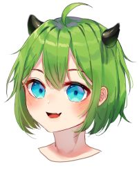 Rule 34 | 1girl, :d, ahoge, blue eyes, blush, commentary, cropped shoulders, english commentary, eyebrows hidden by hair, fang, green hair, highres, horns, kobutanori, looking at viewer, open mouth, original, portrait, simple background, smile, solo, white background