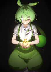 Rule 34 | 1girl, bandage over one eye, bandages, black background, bracelet, commentary request, fire, green shorts, green suspenders, grey hair, hair between eyes, highres, jewelry, one eye closed, one eye covered, own hands together, puffy short sleeves, puffy shorts, puffy sleeves, rimworld, shigure1213, shirt, short sleeves, shorts, sidelocks, smile, solo, voicevox, white shirt, zundamon