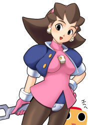 Rule 34 | 1girl, breasts, brown hair, capcom, dress, earrings, female focus, gloves, green eyes, hairband, hands on own hips, jacket, jewelry, long hair, mega man (series), mega man legends (series), open mouth, pantyhose, servbot (mega man), simple background, solo, tomatto (@ma!), tron bonne (mega man), white background, wrench