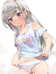 Rule 34 | 1girl, bare shoulders, blue eyes, blue tank top, blush, braid, braided bangs, breasts, closed mouth, clothes writing, dutch angle, earrings, english text, frontal wedgie, grey hair, groin, highres, hisakawa hayate, idolmaster, idolmaster cinderella girls, jewelry, lifted by self, long hair, looking away, looking down, no pants, panties, panty lift, partially visible vulva, pubic hair, pubic hair peek, seneto, simple background, small breasts, solo, standing, tank top, underwear, very long hair, wedgie, white background, white panties