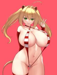 Rule 34 | 1girl, ahoge, animal ears, areola slip, aster crowley, bare shoulders, blonde hair, blush, breasts, cleavage, collarbone, covered erect nipples, detached sleeves, earrings, fate/extra, fate (series), green eyes, grin, hair intakes, highres, hoop earrings, huge breasts, jewelry, large areolae, lion ears, lion tail, long hair, looking at viewer, navel, nero claudius (fate), nero claudius (fate) (all), nero claudius (fate/extra), one-piece swimsuit, red one-piece swimsuit, slingshot swimsuit, smile, solo, striped clothes, striped one-piece swimsuit, swimsuit, tail, thick thighs, thighs, wide hips