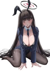 Rule 34 | 1girl, absurdres, animal ears, between breasts, black hair, black hairband, black halo, black jacket, black leotard, black necktie, blue archive, blush, breasts, bright pupils, cleavage, collarbone, covered navel, detached collar, fake animal ears, full body, hair ornament, hairband, hairclip, halo, highres, jacket, kneeling, large breasts, legs apart, leotard, leotard under clothes, long hair, looking at viewer, lower teeth only, necktie, necktie between breasts, no shoes, open mouth, pantyhose, playboy bunny, rabbit ears, red eyes, rio (blue archive), sagatin, simple background, solo, teeth, very long hair, white background, white pupils