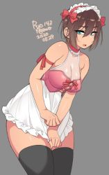 Rule 34 | 1girl, 2020, agawa ryou, bare shoulders, black thighhighs, breasts, brown hair, cleavage, commentary, dated, embarrassed, green eyes, grey background, looking at viewer, maid headdress, original, parted lips, red ribbon, ribbon, short hair, simple background, skirt, skirt tug, solo, sweatdrop, thighhighs, white skirt, wide hips
