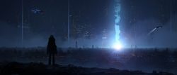 Rule 34 | 1girl, absurdres, asteroid ill, bad id, bad twitter id, boots, building, city lights, cityscape, from behind, highres, iz (asteroid ill), night, original, outdoors, scenery, science fiction, solo, standing