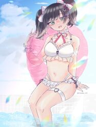 Rule 34 | 1girl, :d, arm behind back, assault lily, bare legs, bare shoulders, bikini, black hair, blue sky, blunt bangs, bow, breasts, cloud, collar, commentary request, day, frilled bikini, frilled collar, frills, green eyes, hair bow, halterneck, hand up, highres, holding, holding swim ring, innertube, kanan (strawberry 0115), looking at viewer, medium breasts, multi-strapped bikini bottom, navel, neck ribbon, official alternate costume, official alternate hairstyle, open mouth, outdoors, pool, poolside, red ribbon, ribbon, see-through, side-tie bikini bottom, sitting, sky, smile, soaking feet, solo, stomach, sunlight, swim ring, swimsuit, thigh strap, twintails, twitter username, wang yujia, water, white bikini, white bow, white collar, wrist cuffs