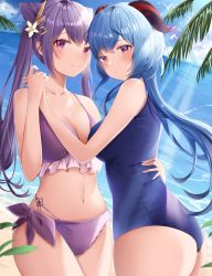Rule 34 | 2girls, absurdres, ahoge, beach, bikini, bird, blue hair, blue one-piece swimsuit, blue sky, blush, breasts, cleavage, closed mouth, collarbone, cone hair bun, diamond-shaped pupils, diamond (shape), flower, frilled bikini, frills, ganyu (genshin impact), genshin impact, goat horns, hair bun, hair flower, hair ornament, heads together, highres, holding hands, horns, hug, keqing (genshin impact), long hair, looking at viewer, medium breasts, multiple girls, navel, ocean, one-piece swimsuit, palm leaf, pout, purple bikini, purple eyes, purple hair, school swimsuit, shi zhuzi da, sky, smile, swimsuit, symbol-shaped pupils, twintails, white bird