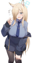 1girl animal_ear_fluff animal_ears black_jacket blonde_hair blue_archive blue_halo blue_necktie blue_shirt breasts brown_pantyhose commentary_request eniraka hair_over_one_eye halo highres jacket kanna_(blue_archive) large_breasts long_hair long_sleeves looking_at_viewer necktie open_mouth pantyhose sharp_teeth shirt simple_background solo standing teeth upper_teeth_only white_background