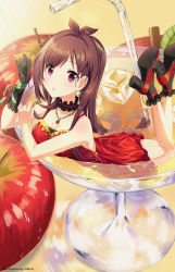 Rule 34 | 1girl, absurdres, ahoge, antenna hair, apple, apple juice, artist name, black choker, black footwear, black gloves, blurry, blurry background, blush, brown hair, choker, cup, dress, drinking glass, drinking straw, food, fruit, full body, gloves, high heels, highres, hmax, huge filesize, idolmaster, idolmaster cinderella girls, in container, in cup, juice, long hair, looking at viewer, lying, necktie, on stomach, open mouth, oversized object, purple eyes, red dress, single glove, solo, tsujino akari, watermark, wine glass