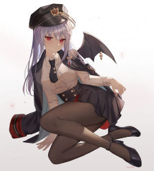 Rule 34 | 1girl, absurdres, black hat, black jacket, black necktie, black pantyhose, black skirt, black wings, blue archive, bow, braid, buttons, closed mouth, demon wings, eve rochet, full body, hair bow, haruna (blue archive), hat, highres, holding, holding clothes, holding skirt, jacket, jacket on shoulders, light blush, long hair, long sleeves, looking at viewer, military hat, multicolored hair, necktie, on ground, pantyhose, red eyes, red skirt, shirt, side braid, silver hair, simple background, single braid, single wing, sitting, skirt, smile, solo, streaked hair, two-tone skirt, uniform, white background, white shirt, wings, yellow bow, yokozuwari