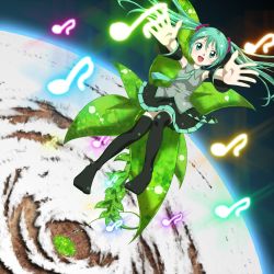 Rule 34 | 1girl, aomi mayoru, aqua eyes, aqua hair, detached sleeves, earth (planet), female focus, hatsune miku, hello planet (vocaloid), highres, long hair, musical note, necktie, open mouth, outstretched arms, plant, reaching, sitting, solo, thighhighs, twintails, very long hair, vocaloid, zettai ryouiki