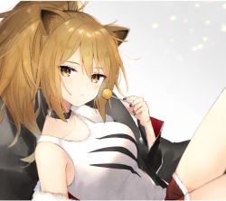 Rule 34 | 1girl, animal ear fluff, animal ears, arknights, bad id, bad pixiv id, bare shoulders, black collar, black jacket, black nails, breasts, brown eyes, brown hair, candy, collar, collarbone, food, from side, fur-trimmed jacket, fur-trimmed shorts, fur trim, hair between eyes, holding, holding candy, holding food, holding lollipop, jacket, lion ears, lollipop, long hair, long sleeves, looking at viewer, looking to the side, medium breasts, nail polish, off shoulder, ponytail, red shorts, short shorts, shorts, siege (arknights), simple background, solo, tank top, toufu mentaru zabuton, white tank top