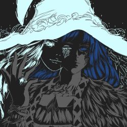 Rule 34 | 00osamio00, 1girl, black background, blue eyes, blue hair, cape, cloak, cracked skin, dress, elden ring, extra faces, fur cape, fur cloak, hat, highres, jewelry, large hat, long hair, looking at viewer, one eye closed, ranni the witch, ring, simple background, witch, witch hat
