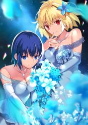 Rule 34 | 2girls, alternate costume, antenna hair, arcueid brunestud, bare shoulders, blonde hair, blue dress, blue eyes, blue flower, blue gloves, blue hair, blue rose, bouquet, breasts, ciel (tsukihime), cleavage, closed mouth, collarbone, commentary request, detached sleeves, dress, elbow gloves, flower, formal, gloves, hair flower, hair ornament, highres, holding, holding bouquet, jewelry, lily (flower), looking at viewer, mashimaro tabetai, medium breasts, multiple girls, necklace, night, night sky, outdoors, red eyes, rose, short hair, single hair intake, sky, smile, strapless, strapless dress, tsukihime, tsukihime (remake), white flower