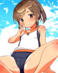 Rule 34 | 10s, 1girl, bare arms, bare legs, bare shoulders, blouse, blue one-piece swimsuit, brown eyes, brown hair, i-401 (kancolle), ichihaya, kantai collection, one-piece swimsuit, orange sailor collar, ponytail, sailor collar, sailor shirt, school swimsuit, shirt, short hair, sleeveless, sleeveless shirt, smile, solo, spread legs, swimsuit, swimsuit under clothes, tan, v, white shirt