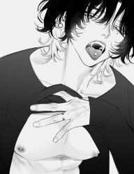 Rule 34 | 1boy, 88in, abs, black shirt, clothes lift, collarbone, ear piercing, fangs, finger piercing, fingernails, greyscale, hand up, highres, leaning forward, long bangs, long sleeves, looking at viewer, male focus, medium hair, messy hair, mole, mole under eye, monochrome, multicolored hair, nipple piercing, nipples, open mouth, original, parted bangs, pectorals, piercing, shirt, shirt lift, simple background, solo, teeth, toned, toned male, tongue, tongue out, two-tone hair, upper body, upper teeth only, veins