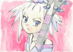 Rule 34 | 1girl, bangs pinned back, bass guitar, blue eyes, breasts, closed mouth, colored stripes, creatures (company), female focus, from side, game freak, gym leader, hair bobbles, hair ornament, holding, holding instrument, instrument, long sleeves, looking at viewer, nintendo, off shoulder, oka mochi, pink background, pokemon, pokemon bw2, roxie (pokemon), scowl, short hair, sideways glance, simple background, small breasts, solo, striped, traditional media, upper body, v-shaped eyebrows, white hair