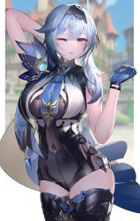 Rule 34 | 1girl, absurdres, arm behind head, asymmetrical hair, black hairband, blue gloves, blue hair, blue necktie, blurry, blurry background, breasts, capelet, covered navel, cowboy shot, eula (genshin impact), genshin impact, gloves, hair ornament, hairband, highres, large breasts, leotard, light blue hair, looking at viewer, medium hair, necktie, one eye closed, parted lips, pillarboxed, rib (rib delesetong), thighhighs, thighs, vision (genshin impact), yellow eyes