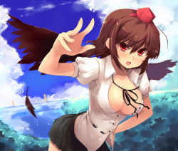 Rule 34 | 1girl, breasts, brown eyes, cleavage, collarbone, dress shirt, feathers, female focus, hat, large breasts, looking at viewer, no bra, open mouth, red eyes, shameimaru aya, shin (new), shirt, skirt, solo, tokin hat, touhou, wings