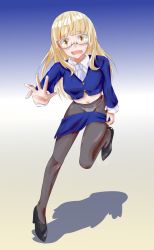 Rule 34 | 1girl, black pantyhose, blonde hair, blush, breasts, embarrassed, female focus, full body, glasses, highres, long hair, looking at viewer, navel, open mouth, panties, pantyhose, perrine h. clostermann, simple background, small breasts, solo, strike witches, underwear, white panties, world witches series, yellow eyes