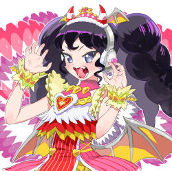 Rule 34 | 1girl, black hair, claw pose, demon horns, demon wings, dress, fake horns, fake wings, fangs, gaaruru (pripara), hands up, headphones, horns, idol clothes, jewelry, long hair, looking at viewer, moudoku (decopon3rd), necklace, open mouth, pretty series, pripara, red dress, red horns, sidelocks, solo, teeth, tongue, tooth necklace, twintails, wings