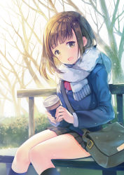 Rule 34 | 1girl, bag, bare tree, black hair, black socks, blazer, blunt bangs, blush, breath, brown eyes, brown hair, commentary request, cup, day, disposable coffee cup, disposable cup, head tilt, highres, jacket, kneehighs, knees together feet apart, long sleeves, looking at viewer, miniskirt, open mouth, original, outdoors, pleated skirt, scarf, school uniform, shoulder bag, sibyl, sitting, skirt, smile, snowing, socks, solo, tree, winter