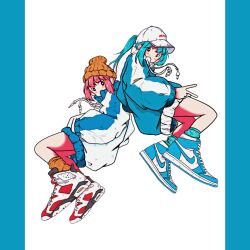 Rule 34 | 2girls, aqua hair, aqua socks, baseball cap, beanie, blue footwear, blue jacket, drawstring, from side, full body, hands in pockets, hat, highres, jacket, long hair, long sleeves, looking at viewer, looking to the side, multiple girls, nao97122, nike (company), original, oversized clothes, pillarboxed, pink hair, ponytail, shoes, sidelocks, simple background, single vertical stripe, sneakers, socks, streetwear, v, white background, white footwear, white headwear, white jacket, yellow headwear, yellow socks