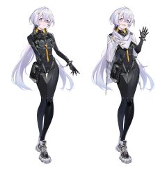 Rule 34 | 1girl, :d, absurdres, arm at side, arm behind back, black bodysuit, bodysuit, breasts, cloak, crotch zipper, dazhangfu, full body, highres, long hair, looking at viewer, low twintails, open mouth, original, pouch, purple eyes, shoes, skin tight, small breasts, smile, sneakers, symbol-shaped pupils, thigh pouch, twintails, variations, very long hair, waving, white background, white hair, zipper