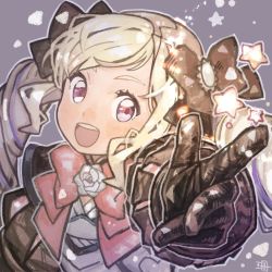 Rule 34 | 1girl, blonde hair, bow, drill hair, elise (fire emblem), fire emblem, fire emblem fates, flower, gloves, long hair, looking at viewer, nintendo, outstretched arm, purple eyes, ribbon, sanmamaguro, solo, twin drills, upper body
