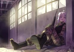 Rule 34 | 1girl, absurdres, against wall, ahoge, artist name, assault rifle, black footwear, black vest, blue eyes, boots, bulletproof vest, camouflage, camouflage pants, canteen, commentary request, commission, copyright request, earrings, foreshortening, from side, gun, highres, holding, holding gun, holding weapon, indoors, jewelry, light rays, muzzle device, pants, parted lips, pointy ears, rifle, short hair, signature, sitting, solo, tostantan, vest, weapon, white hair