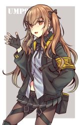 Rule 34 | 1girl, armband, belt, black belt, black bow, black gloves, black jacket, black pantyhose, black ribbon, black scarf, black skirt, bow, brown eyes, brown hair, character name, commentary request, dress shirt, fingerless gloves, girls&#039; frontline, gloves, grey background, hair bow, hair ornament, hairclip, hand in pocket, hood, hooded jacket, jacket, knee pads, long hair, long sleeves, looking at viewer, microskirt, neck ribbon, open clothes, open jacket, open mouth, outside border, pantyhose, pouch, print skirt, ribbon, scarf, shirt, single horizontal stripe, skirt, smile, solo, standing, thigh strap, totonii (totogoya), two side up, ump9 (girls&#039; frontline), waving, white shirt