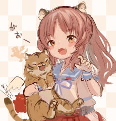 Rule 34 | 1girl, animal ears, blue sailor collar, blush stickers, brown eyes, brown hair, carrying, checkered background, commentary request, fang, gloves, hip vent, kantai collection, long hair, one side up, pleated skirt, puffy short sleeves, puffy sleeves, red skirt, sailor collar, sailor shirt, shirt, short sleeves, skin fang, skirt, tail, tiger, tiger cub, tiger ears, tiger tail, wavy hair, white gloves, white shirt, wings, wss (nicoseiga19993411), yashiro (kancolle)