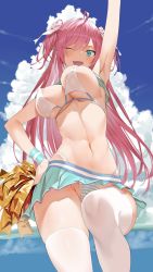 Rule 34 | 1girl, arm up, armpits, bikini, breasts, cheerleader, covered erect nipples, day, from below, highres, hiiragi yuuichi, large breasts, long hair, looking at viewer, navel, one eye closed, open mouth, outdoors, pink hair, pom pom (cheerleading), skindentation, skirt, smile, solo, stomach, swimsuit, thighhighs, white thighhighs