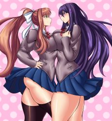Rule 34 | 2girls, absurdres, black legwear, blush, breast press, breasts, brown hair, closed mouth, cowboy shot, doki doki literature club, from side, green eyes, hair ribbon, highres, kyelyn, large breasts, long hair, long sleeves, looking at another, matching hair/eyes, monika (doki doki literature club), multiple girls, parted lips, pink background, pleated skirt, polka dot, polka dot background, ponytail, purple eyes, purple hair, ribbon, school uniform, sidelocks, skirt, smile, symmetrical docking, thighhighs, thighs, yuri (doki doki literature club)