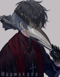 Rule 34 | 1boy, black gloves, black hair, black shirt, commentary request, cross, cross earrings, cross necklace, earrings, glint, gloves, grey background, holding, holding weapon, jewelry, long sleeves, mace, male focus, necklace, original, plague doctor mask, ryuuki (hydrangea), shawl, shirt, simple background, solo, twitter username, upper body, weapon