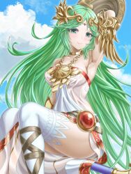Rule 34 | 1girl, ancient greek clothes, arm up, armlet, armpits, bare shoulders, belt buckle, blush, breasts, buckle, chiton, circlet, collarbone, dress, forehead jewel, gold choker, green eyes, green hair, highres, holding, holding staff, jewelry, kid icarus, kid icarus uprising, large breasts, laurel crown, long hair, looking at viewer, neck ring, nintendo, palutena, parted bangs, pendant, side slit, single thighhigh, sitting, solo, staff, strapless, strapless dress, thighhighs, udon frozen, vambraces, very long hair, white dress, white thighhighs