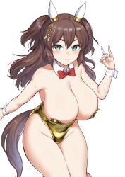 Rule 34 | 1girl, animal ears, blush, bow, bowtie, breasts, brown hair, cleavage, closed mouth, commentary request, detached collar, ear covers, embarrassed, fox shadow puppet, gold leotard, green eyes, groin, hair between eyes, hair ornament, highres, horse ears, horse girl, horse tail, huge breasts, inari one (fields of gold) (umamusume), inari one (umamusume), large breasts, leotard, long hair, looking at viewer, nontraditional playboy bunny, official alternate hairstyle, red bow, red bowtie, smile, solo, strapless, strapless leotard, tail, two side up, umamusume, wrist cuffs, yellow leotard, yuugatou (yuuzutu)