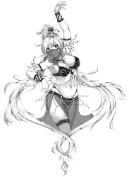Rule 34 | 1girl, absurdres, arm up, armpits, bare shoulders, belly dancer, bikini, bracelet, breasts, cleavage, closed mouth, cowboy shot, female focus, greyscale, hair ornament, harem outfit, high ponytail, highleg, highleg panties, highres, jewelry, large breasts, long hair, lulu-chan92, monochrome, mouth veil, navel, necklace, original, panties, pendant, ponytail, see-through, simple background, smile, solo, stomach, swimsuit, thigh strap, underwear, veil, very long hair, white background