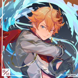 Rule 34 | 1boy, black gloves, blue eyes, closed mouth, cwilocky, earrings, genshin impact, gloves, grey jacket, half gloves, holding, holding sword, holding weapon, jacket, jewelry, looking at viewer, male focus, mask, orange hair, red mask, red scarf, scarf, short hair, single earring, solo, sword, twitter username, upper body, weapon