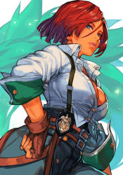 Rule 34 | 1girl, belt, black pants, blue eyes, breasts, brown belt, brown gloves, cleavage, closed mouth, collared shirt, cowboy shot, dark-skinned female, dark skin, expressionless, facial mark, fingerless gloves, forehead mark, giovanna (guilty gear), gloves, guilty gear, guilty gear strive, hair between eyes, hand on own hip, hungry clicker, large breasts, lips, looking at viewer, multiple belts, pants, partially unbuttoned, red hair, rei (guilty gear), shirt, shirt tucked in, short hair, simple background, standing, suspenders, white background, white shirt, wing collar