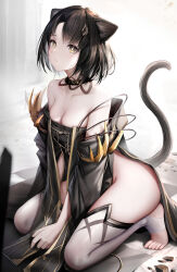 Rule 34 | 1girl, absurdres, animal ears, arknights, bare shoulders, black choker, black hair, breasts, cat ears, cat tail, choker, cleavage, commentary request, highres, looking at viewer, mandragora (arknights), medium breasts, nopetroto, parted lips, seiza, sitting, solo, stirrup legwear, tail, tears, thighhighs, thighs, toeless legwear, white thighhighs, yellow eyes