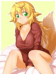 Rule 34 | 1girl, animal ears, blonde hair, blush, borrowed character, breasts, cleavage, fox ears, fox tail, green eyes, highres, kaori-san (angelo), large breasts, long hair, looking at viewer, onsoku inu, original, ribbed sweater, sitting, smile, solo, sweater, tail, v arms