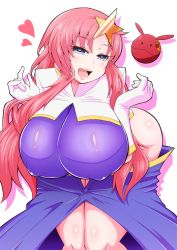 Rule 34 | 1girl, blue eyes, blush, bodysuit, breasts, covered erect nipples, gundam, head tilt, heart, heart-shaped pupils, huge breasts, leaning forward, legs together, leotard, long hair, looking at viewer, lowleg, lowleg skirt, meer campbell, open mouth, parted bangs, pink hair, plugsuit, pororokka (macareo), simple background, skin tight, skirt, smile, solo, spoken heart, symbol-shaped pupils, thighs, very long hair, white background