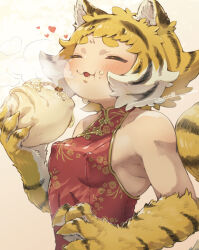 Rule 34 | 1girl, :3, :t, absurdres, animal ears, animal hands, black hair, blonde hair, breasts, brown background, chewing, china dress, chinese clothes, claws, closed eyes, covered erect nipples, dress, dumpling, eating, food, food on face, gradient background, hands up, heart, highres, holding, holding food, mandarin collar, monster girl, multicolored hair, napm, open mouth, orange fur, orange hair, original, red dress, short hair, sleeveless, small breasts, solo, streaked hair, tail, tiger ears, tiger girl, tiger tail, upper body