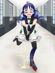 Rule 34 | artist request, blue eyes, blue hair, blush, character request, copyright request, gradient eyes, green eyes, hair ribbon, hallway, long hair, multicolored eyes, open mouth, orb, peeing, peeing self, reflective floor, ribbon, sailor collar, shiny skin, tagme, tears, textless version, thighhighs, twintails, window