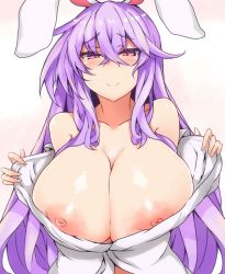 Rule 34 | 1girl, animal ears, breasts, breasts out, cleavage, huge breasts, imminent paizuri, long hair, looking at viewer, naughty face, nipples, open clothes, open shirt, purple hair, rabbit ears, reisen udongein inaba, smile, solo, sprout (33510539), touhou, undressing