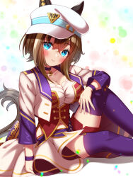 Rule 34 | 1girl, animal ears, blue eyes, blush, breasts, brown hair, cheval grand (umamusume), choker, cleavage, corset, cropped jacket, ear covers, ears through headwear, hat, highres, horse ears, horse girl, jacket, large breasts, looking at viewer, midriff, overskirt, pendant choker, purple choker, purple garter straps, purple wristband, red corset, red shorts, sailor hat, short hair, shorts, solo, starting future (umamusume), sugimotty nova, umamusume, white hat, white jacket