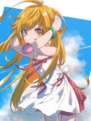 Rule 34 | 1girl, 999ool, absurdres, arms up, bakemonogatari, blonde hair, blue sky, bow, bracelet, cloud, commentary, cowboy shot, day, doughnut, dress, dress bow, food, food in mouth, green bracelet, hands in hair, highres, jewelry, long hair, looking at viewer, monogatari (series), mouth hold, oshino shinobu, petite, pink bow, sky, solo, standing, sundress, very long hair, white dress, yellow eyes