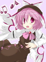 Rule 34 | 1girl, :d, arm garter, ase (nigesapo), bow, bowtie, brown dress, dress, female focus, highres, medicalase, music, musical note, mystia lorelei, open mouth, pink eyes, pink hair, short hair, simple background, singing, smile, solo, touhou, wings