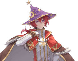 Rule 34 | 1boy, brown cape, cape, capelet, closed mouth, commentary request, crescent, crescent hat ornament, fingerless gloves, fur-trimmed capelet, fur trim, gloves, hair between eyes, hat, hat ornament, high wizard (ragnarok online), long hair, looking at viewer, male focus, natsuya (kuttuki), print headwear, purple eyes, purple hat, ragnarok online, ragnarok origin, red capelet, red hair, shirt, simple background, smile, solo, star (symbol), star print, upper body, white background, white gloves, white shirt, witch hat